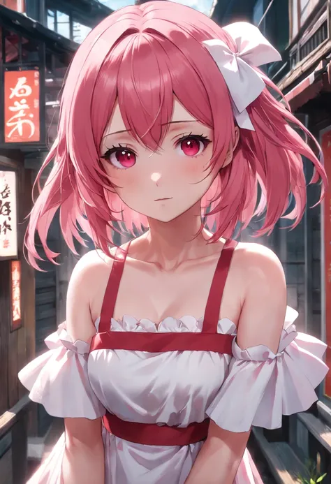 Arakfi girl with pink hair and red and white dress, Anime girl cosplay, Anime cosplay, Anime girl in real life, hyper realistic anime, Photorealistic anime, anime realism style, anime-inspired, realistic anime artstyle, Anime style. 8K, Pink girl, with pin...