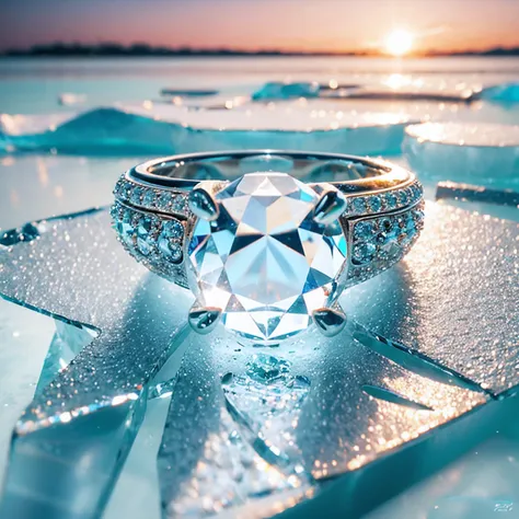 An exquisitely encrusted ring with a transparent diamond on ((Ice)) Lake, eflection light, drop shadow, macro photo, super detail, high quality, award winning, masterpiece, exquisite detail, top-notch quality, award-winning masterpiece, hyper realism, intr...