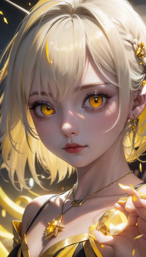 Ultra realistic, ray tracing, cinematic photography, cinematic special effects, glowing yellow golden eyes, yellow glowing jewel necklace, silver hair on top, cinematic photo, just like the picture looks, (no bad hands)