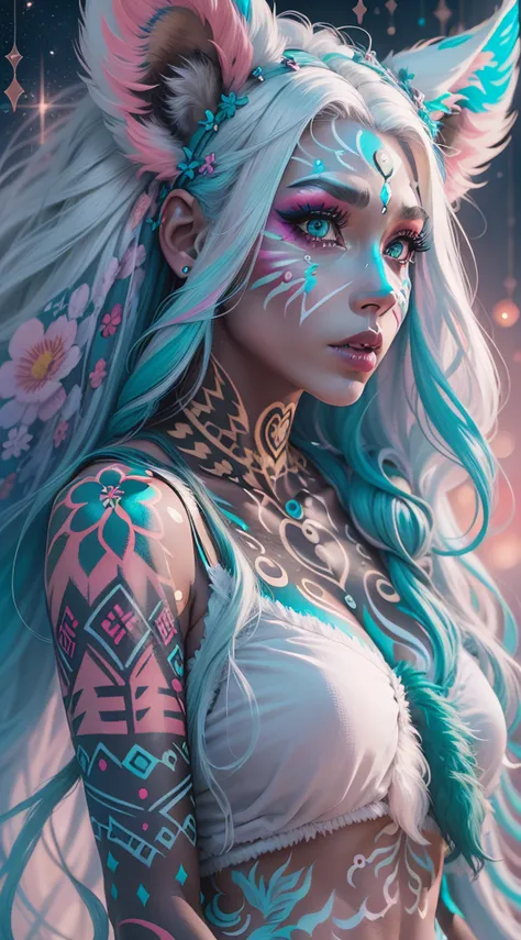 32k, full body nude view, very beautiful tribal raccoon sexy girl with excessive intricately detailed vivdly colorful facepaint bodypaint makeup, stunning radiant teal eyes, gorgeous white hair with pink highlights, magical night sky background