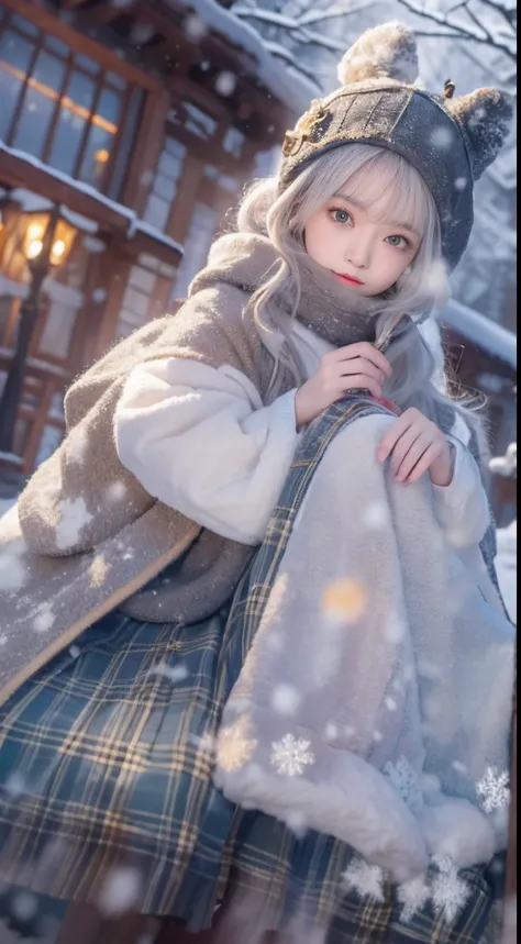 ((Works of masters))，(超高分辨率)，1 girl, Sitting, Lolita costume，Cloak (Snow, Outdoor activities in winter:1.2),Outside the castle，8K，Detailed details，mirth，