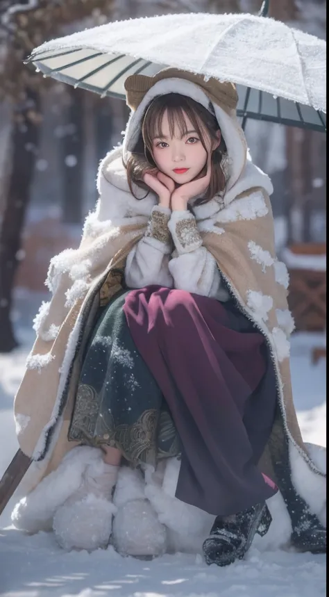 ((Works of masters))，(超高分辨率)，1 girl, Sitting, Lolita costume，Cloak (Snow, Outdoor activities in winter:1.2),