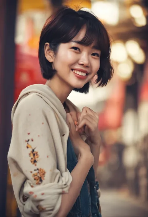 Sunny smiling Chinese girl with short hair