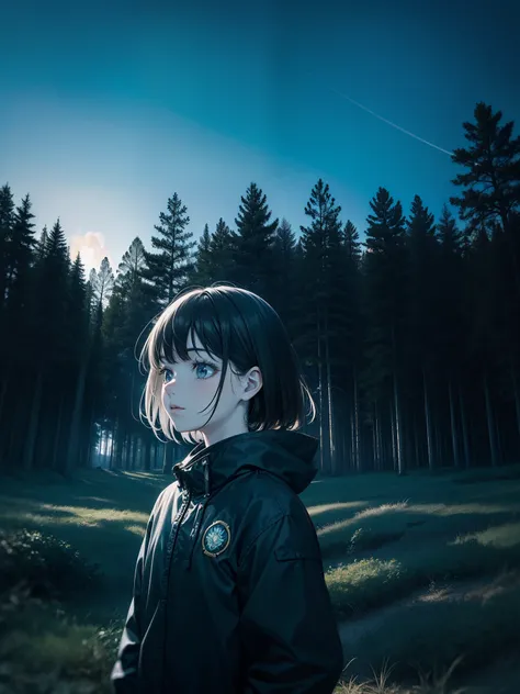 The background is forest，The girl looked at the fire in front of her，The sun is about to set，The blue sky is wrapped in a deep blue sky