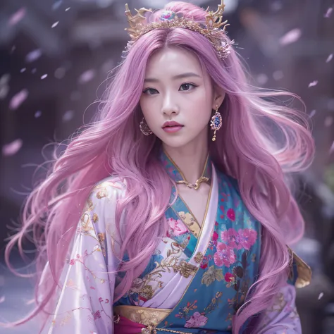 32k（tmasterpiece，k hd，hyper hd，32k）long flowing purple-pink hair，xuzhou female student ，bronze dragon protector （realisticlying：...