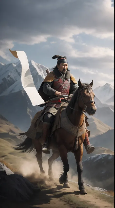 there is a man riding a horse with a paper, mongol, photo of genghis khan, genghis khan, 4 k post, 4k post, inspired by Hu Zaobin, 4k art, chinese three kingdoms, tengri, hq 4k wallpaper, ghost of tsushima, from three kingdoms, super realistic