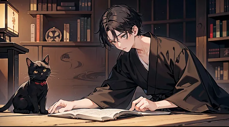 #night sky (darkness of night,no light),
#one writing boy (16 male、Honor Students、A dark-haired、short-hair、hakama,sit flat),
#black room at night (no light,black cat,wooden low table,one candle,pretty tatami,a lot of books,bookshelf)