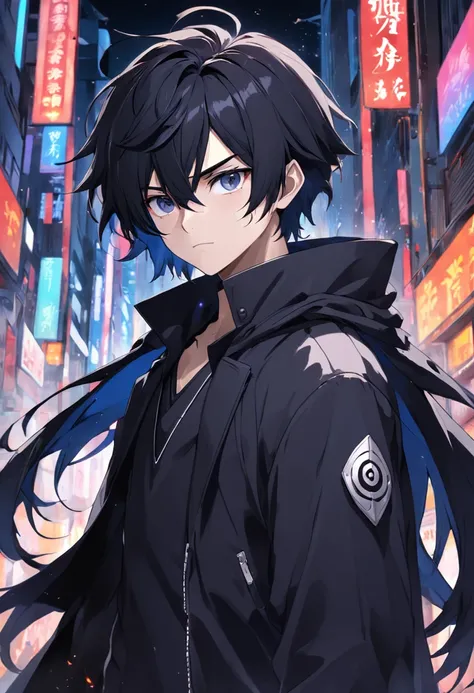 male people，19years old，Black color hair，short detailed hair，quadratic element，with fair skin，high and cold，elite，Pointed face，Black pupils，White whites of the eyes，black greatcoat，Gray boots，2D city background，Armed with a long knife，Impeccable