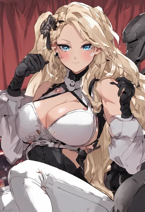 1girll, Breasts, spread , Solo, , Blonde hair, upper legs, Blue eyes, , nipple piercing, Spread legs, jane (Genshin Impact), white thighhighs, view the viewer, Piercing, Blush, bangs, pony tails, tattoo, Sitting, navel, moles on breast, bridalgauntlets, Lo...