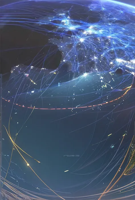 Close-up of world map with lots of lights, wires earth background, Glowing wires everywhere, connections, detailed photo of virtual world, black. aerodrome, Flying particles, immersed within a network, connections, rete, connecting lines, glowing wires, in...