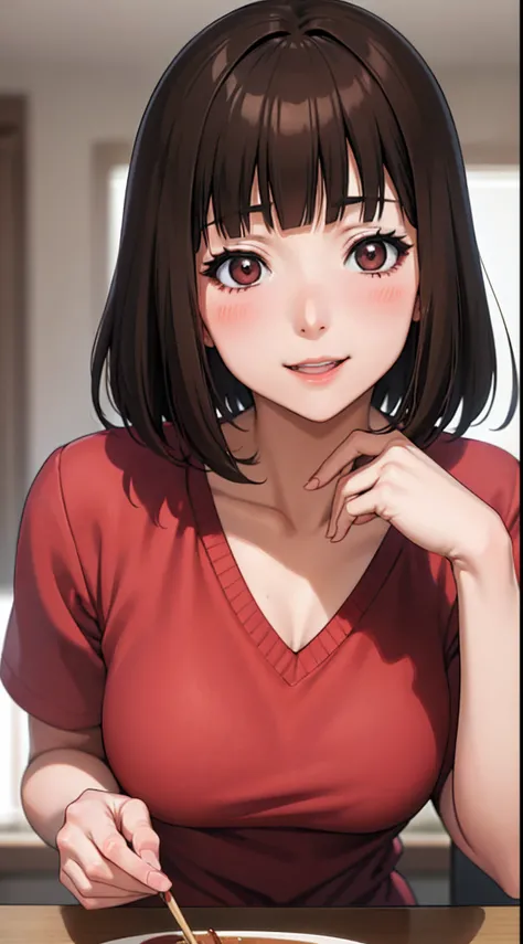 (anime:1.2), (best quality:1.1), (masterpiece:1.1), (absurdres:1.0), portrait, close-up,
1girl, kurihara chiyo, bob cut, brown hair, brown eyes, bangs, blunt bangs, medium breasts, blush, smile, happy, cute, endearing,