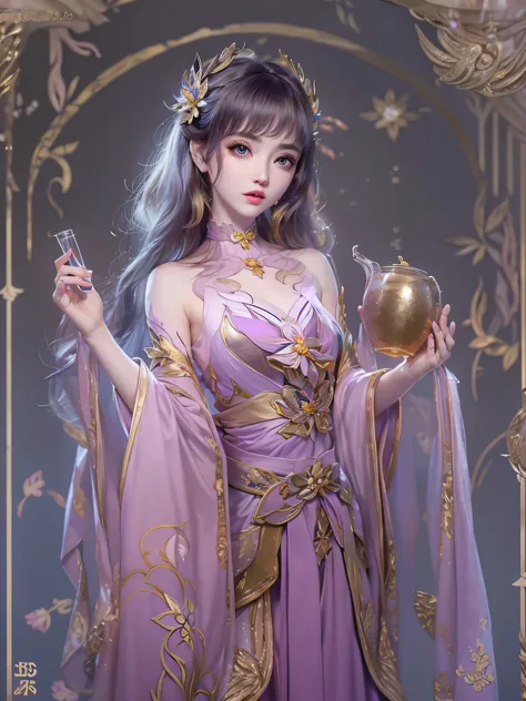 1 20 year old girl, Close up， deusa Atena, holding a drink，Pink purple silk dress, The beautiful goddess Athena had no blemishes on her face, Delicate yellow dressing gown, Beautiful sequin long nightdress，Paired with lots of sexy black lace details, The l...