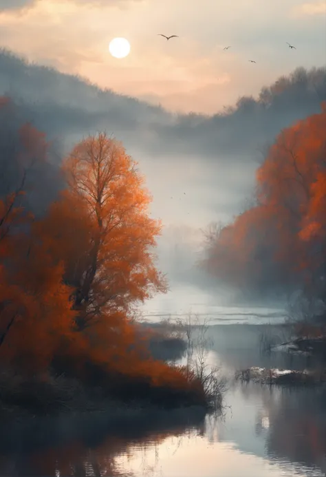 (tmasterpiece, top-quality, high detal, Abstraction, The cold winter of the end, Morning mist, lakeside, Foggy, ciinematic light, sense of layers)