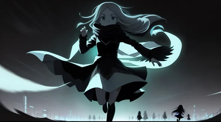 Draw a girl with long hair in a dress and scarf, the anime girl is running, pale young ghost girl, on black paper, ghost of a young girl, anime girl in ascii art style, drawn in microsoft paint, hand-drawn animation, girl running, shadowy and eerie charact...