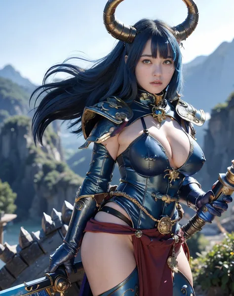 Professional , ​masterpiece、top-quality、photos realistic , depth of fields 、（Gemstone Blue Metal Body:1.９),(Matte Blue、Wind-effect、（cleavage of the breast）、Dragon Gold Weapon（Dragon Metal Body:1.４),Gorgeous gold weapons ,（Intimidating look）、Mystical expres...