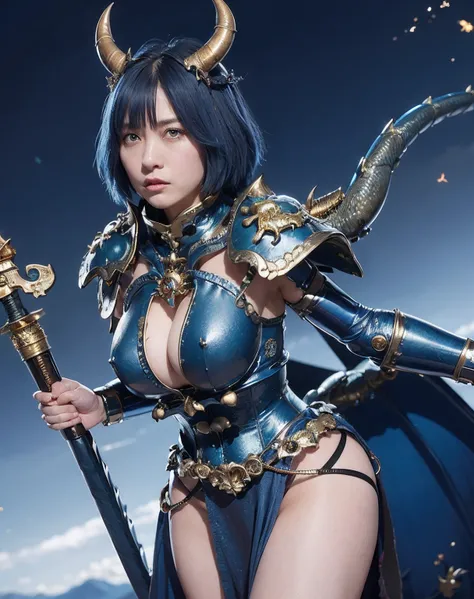 Professional , ​masterpiece、top-quality、photos realistic , depth of fields 、（Gemstone Blue Metal Body:1.９),(Matte Blue、Wind-effect、（cleavage of the breast）、Dragon Gold Weapon（Dragon Metal Body:1.４),Gorgeous gold weapons ,（Intimidating look）、Mystical expres...