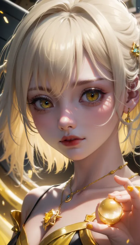 Ultra realistic, ray tracing, cinematic photography, cinematic special effects, glowing yellow golden eyes, yellow glowing jewel necklace, silver hair on top, cinematic photo, just like the picture looks, (no hands), (no fingers)