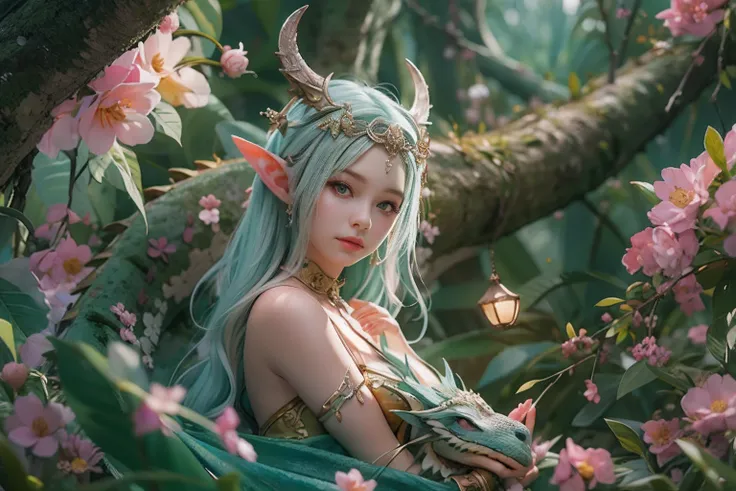 Masterpiece, Best quality, High quality, Extremely detailed Cg Unity 8K wallpaper, An enchanting and dreamy scene of a fantasy forest, (Beauty caresses the dragon: 1.4), Beauty hugging dragon, Complicity is evident in between, creating a sense of mysticism...