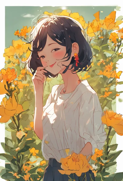 Sunny Chinese girl with a bright smile，Cheerful and lively，actionpacked，Short hair cute，Refreshing summer outfit，A gentle breeze blows，Flowers bloom，Sunlight floods the entire picture，Warm light and shadow intertwined，It brings a feeling of happiness。