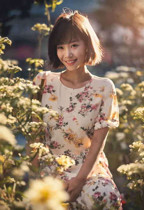 Sunny Chinese girl with a bright smile，Cheerful and lively，actionpacked，Short hair cute，Refreshing summer outfit，A gentle breeze blows，Flowers bloom，Sunlight floods the entire picture，Warm light and shadow intertwined，It brings a feeling of happiness。