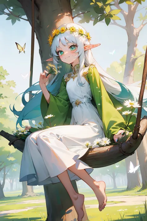 Manhwa Style,whaite hair,longhairwithbangs,the elf,teens girl,Green pupils,Small breasts,There is a big tree behind it,Sit on a tree swing,Colorful butterflies fly next to it,Green meadows,Slim clothes,Long skirt style,The eyes are fixed on the dandelion,D...