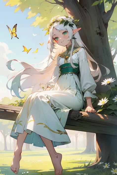 Manhwa Style,whaite hair,longhairwithbangs,the elf,teens girl,Green pupils,Small breasts,There is a big tree behind it,Sit on a tree swing,Colorful butterflies fly next to it,Green meadows,Slim clothes,Long skirt style,The eyes are fixed on the dandelion,D...