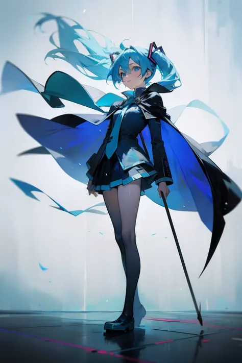 Anime characters with blue hair and cape flying in the air, Hatsune Miku,Whole body diagram,Standing painting