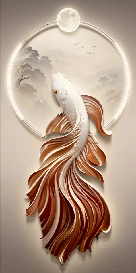 There is a fish flying in the air，The background is the moon, Exquisite digital illustration, inspired by Nōami, Inspired by Ma Yuan, Koi, Stylized digital illustration, swirling silver fish, koi fishes, inspired by Li Kan, inspired by Koson Ohara, A beaut...