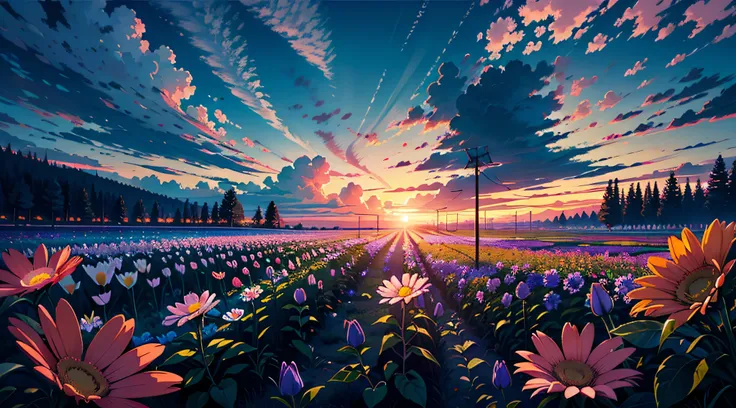 field, ((field of neon flowers)), clouds, sunrise