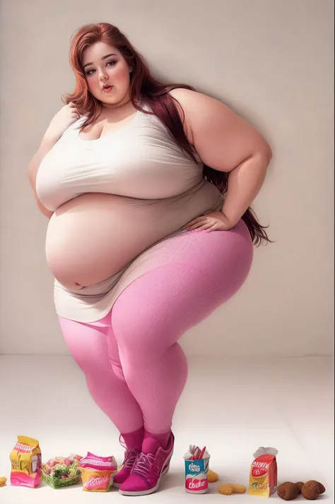 Fat woman, saggy big boobs, saggy belly, eating junk food,tight dress, large ass, 1girl,  fat shoulders, auburn long hair, masterpiece, best quality, shoes, full body, posing for a picture, beautifully color-coded, socks, scrunchbutt leggings white backgro...