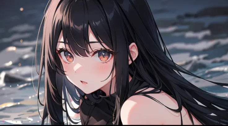 Best Quality, Ultra-detailed, girl with, Keep your eyes down, Looking at the ground, Both eyes are hidden by bangs, Dark look, Black hair, Long hair, Black Dress