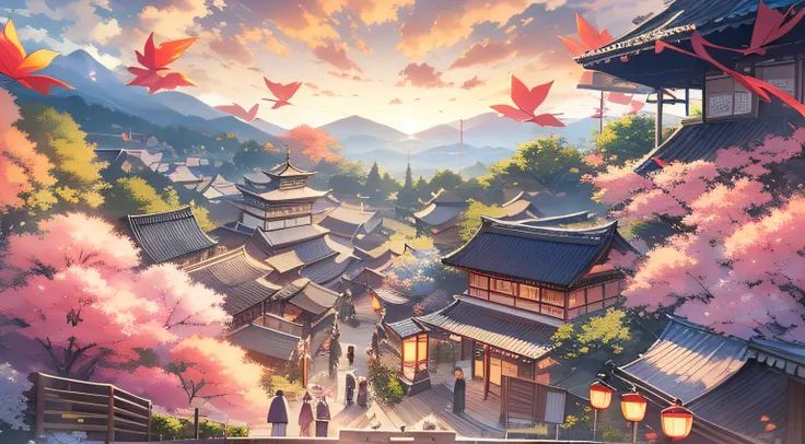 masutepiece, Best Quality,Illustration, Wallpaper, Ultra Detail, absurderes, matsuri、atmosphere、Beautiful scenery , luminous sky,(a panoramic view:1.3),(Sense of depth:1.5)、Summer Festivals、countryside