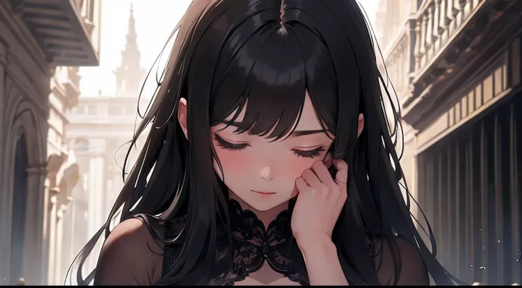 (masterpiece, beautiful detail, best quality), 1girl, hiding eyes by long bangs, look down, front view, arms down, black hair, long hair, black dress, abyss, dystopia