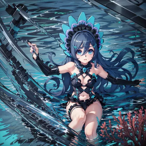 1girl, Playing with octopus, Diving under the sea, Dressed in Aquas black and blue negligee, carefree, under water, beautiful eyes, masterpiece