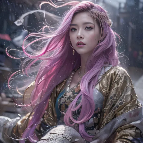 32K（tmasterpiece，k hd，hyper HD，32K）Long flowing purple-pink hair，Autumn Pond，zydink， a color，  Tongzhou people （Girl with glowing eyes）， （Thin silk scarf）， Combat posture， looking at the ground， long whitr hair， Floating hair， Python headdress， Chinese lon...