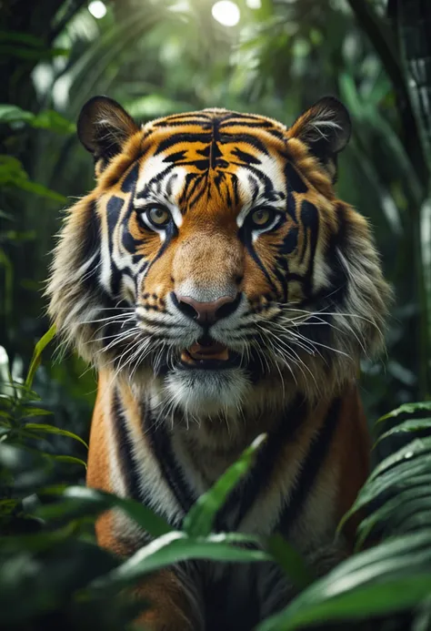 High nation-geographic symmetrical close-up portrait shoot in green jungle of an expressive tiger, anamorphic lens, ultra-realistic, hyper-detailed, green-core, jungle-core –ar 16:9 –q 2 –v 5