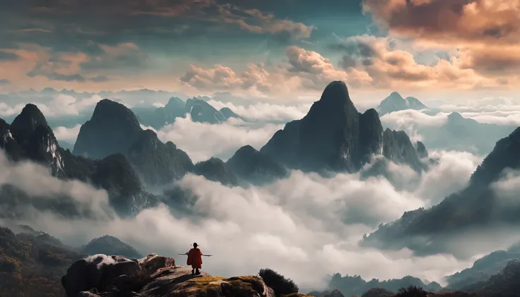 Distant mountains, clouds, a boy in Daoist robe, alchemy, air of immortality.