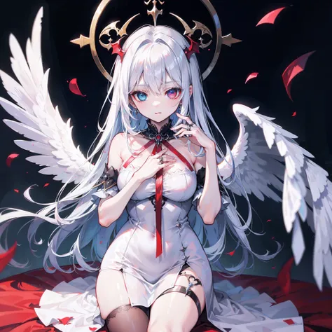 A vampire angel that looks sacred，Her eyes are heterochromia, Her whole body is a beautiful body like a vampire.，Metal ring of an angel on the head，On the head are vampire wings, Eta、Vampires have white holy angel wings。