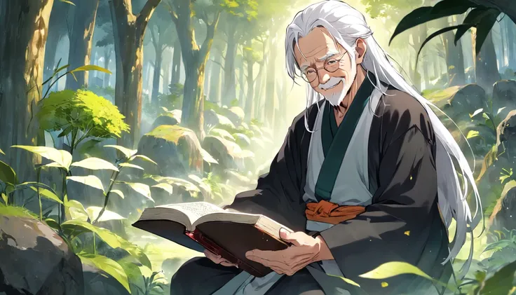 "The white-haired old man imparted the essence of cultivation to the youth, A kind smile contains valuable knowledge. The ancient book is held in the hand, Teach young people how to practice. Young people listen carefully, Thinking about the problem, Explo...