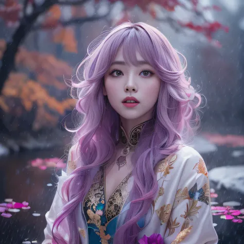 Snow Hoop Exclusion Zone 32K（tmasterpiece，k hd，hyper HD，32K）Long flowing purple-pink hair，Autumn Pond，zydink， a color， Tongzhou people （Girl with glowing eyes）， （Thin silk scarf）， Combat posture， looking at the ground， long whitr hair， Floating hair， Pytho...