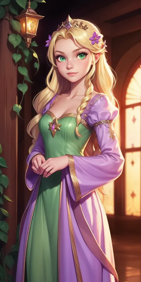 Flower Princess, Rapunzel, Beautiful, Glowing yellow glow, Long blonde hair, Green eyes, Lilac dress, Green ivy, Nice young face, Soft tan skin,Art germ, Fantastical, intricately details, Splash screen, Complementary colors, fantasy concept art,