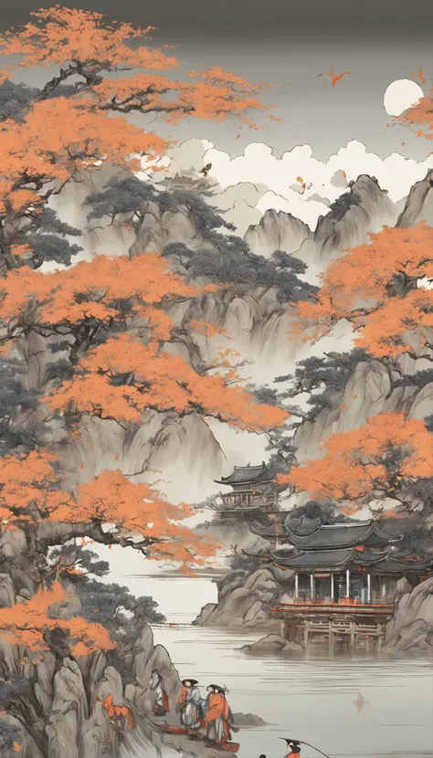 Chinese murals with rural scenery, Light orange and light gray style, Layered landscape, Japanese style art, monumental murals, Ricoh FF-9D, Golden Age aesthetics, Exotic landscape