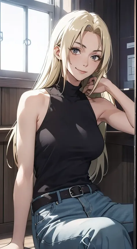 YukiTsukumo, 1girl, solo, long hair, smile, blonde hair, shirt, bare shoulders, sitting, sleeveless, belt, pants, indoors, black shirt, mole under eye, window, turtleneck, denim, backlighting, sleeveless turtleneck,