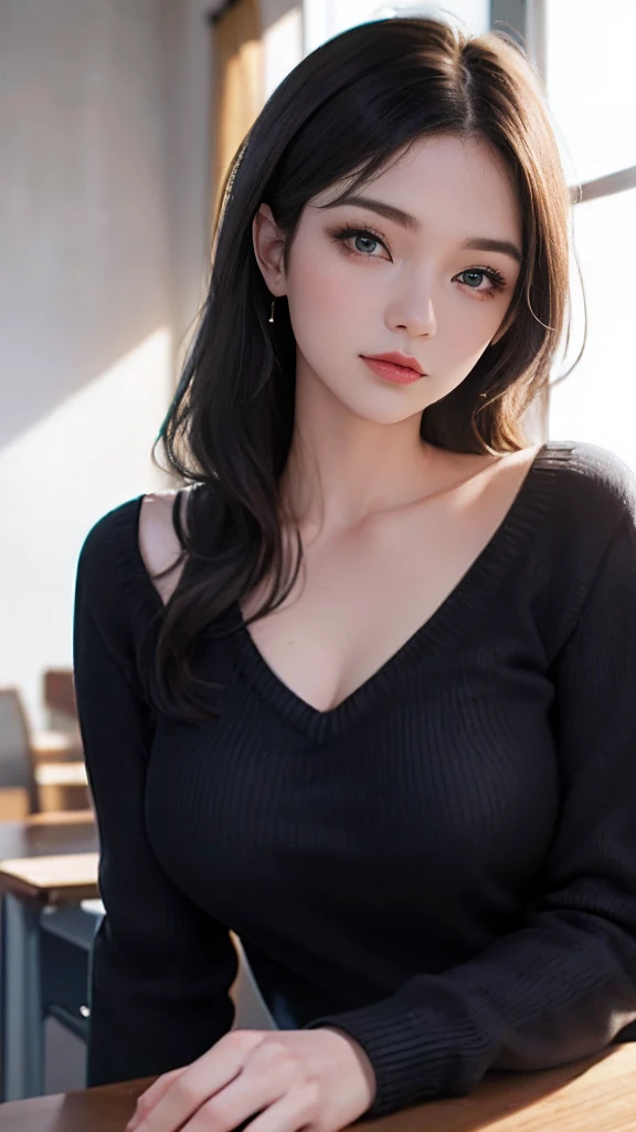 (​masterpiece),(Put your arm on the desk and put your cheek cane on your cheek)femele,Pretty face,Eyes looking lovingly,Breast size:1.1(sweater),At a front angle, please,Close-up, please.