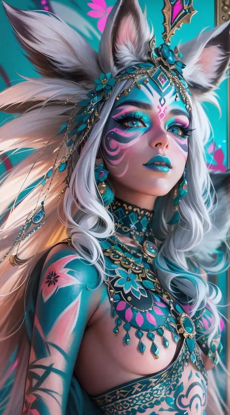 32k, full body nude view, ((without clothes)), very beautiful tribal raccoon sexy young 20 yo woman with excessive intricately detailed vivdly colorful facepaint bodypaint makeup, stunning radiant teal eyes, gorgeous white hair with pink highlights, magica...