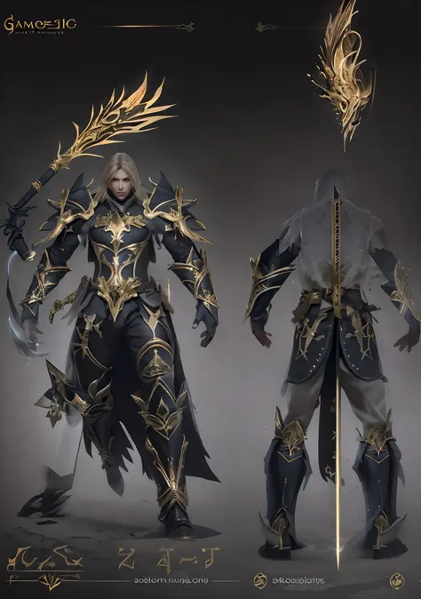 Design a layout showcase Gameing Character, a Warrior. Golden+Black armor, stylish and unique. Detailed huge sword. (masterpiece:1.2), (best quality), 4k, ultra-detailed, (dynamic composition: 1.4), Step by step design, layout art,(luminous lighting, atmos...