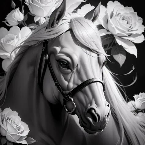 Modern realistic cartoon painting style grayscale coloring page cute horse, Surrounded by roses, closeup headshot, Dynamic pose, Grayscale illustration, Adult coloring page