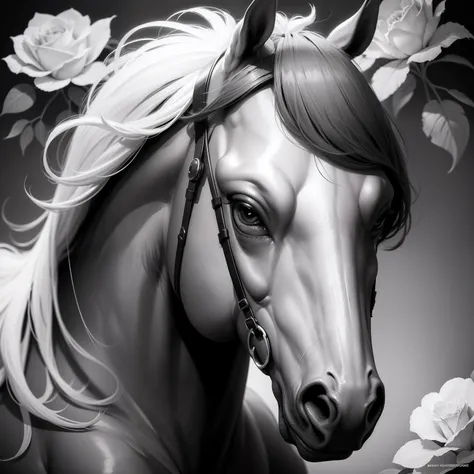 Modern realistic cartoon painting style grayscale coloring page cute horse, Surrounded by roses, closeup headshot, Dynamic pose, Grayscale illustration, Adult coloring page