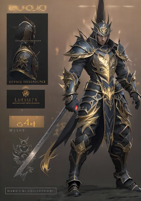 design a layout showcase gameing character, a warrior. golden+black armor, stylish and unique. detailed huge sword. (masterpiece...