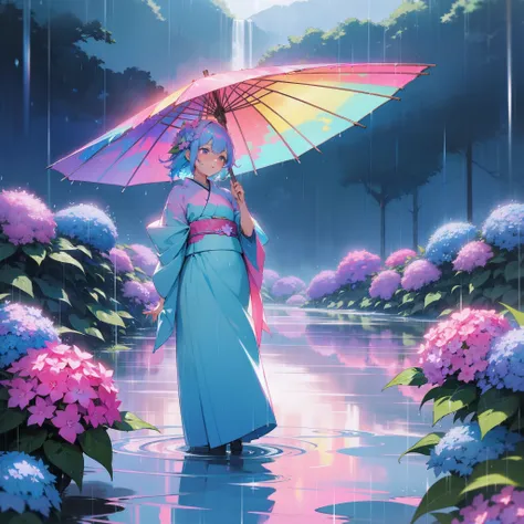 In a beautiful landscape、Her blue and pink colorful hair、Blue and pink colorful kimono、Colorful hydrangea flowers at the foot々Shine wet in the rain、Beyond is a mysterious rainbow。Beautiful world、Rainbow Goddess、Top image quality、Landscape painting